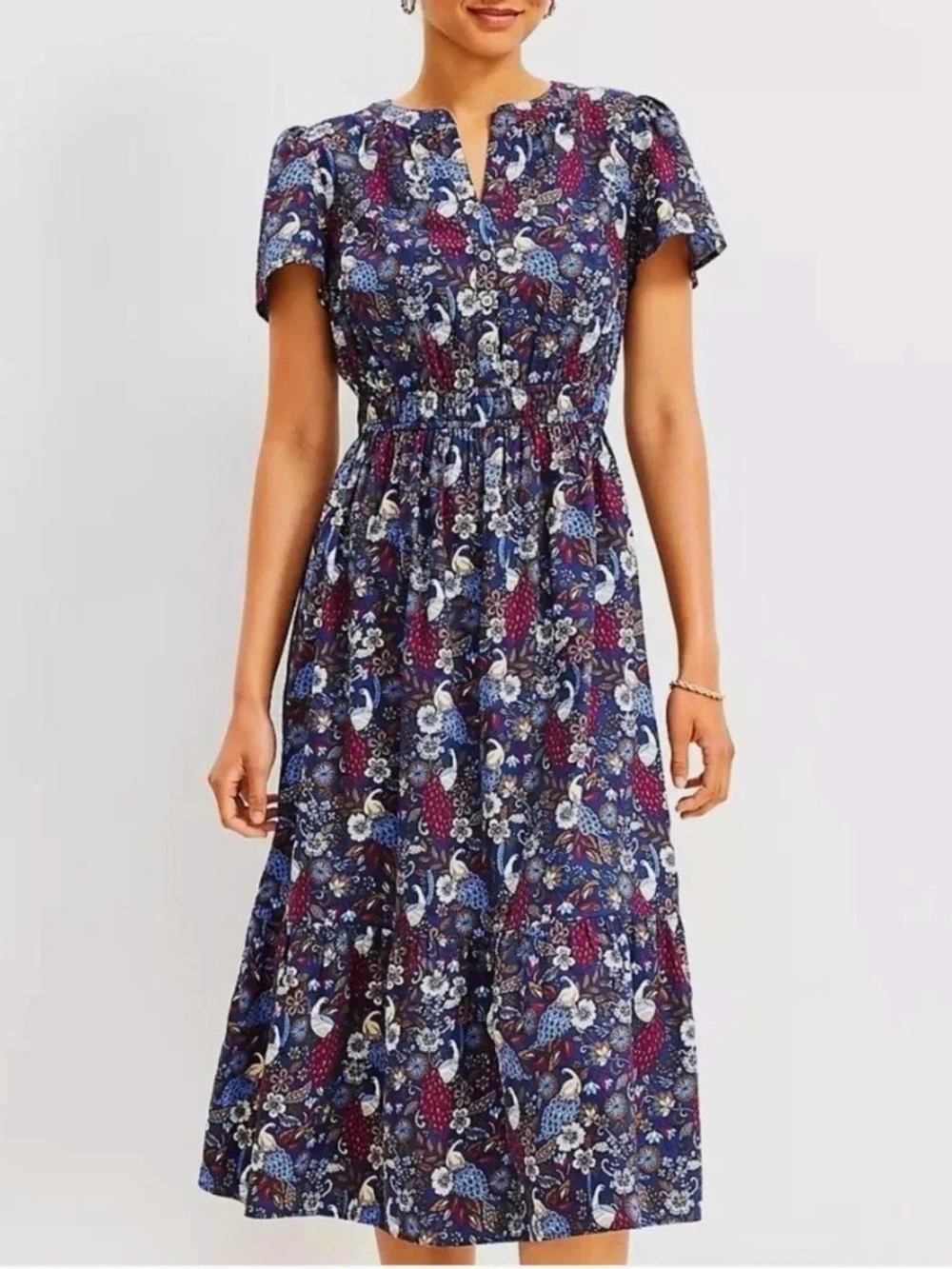 LOFT navy and burgundy floral peacock smocked waist button midi dress Size S